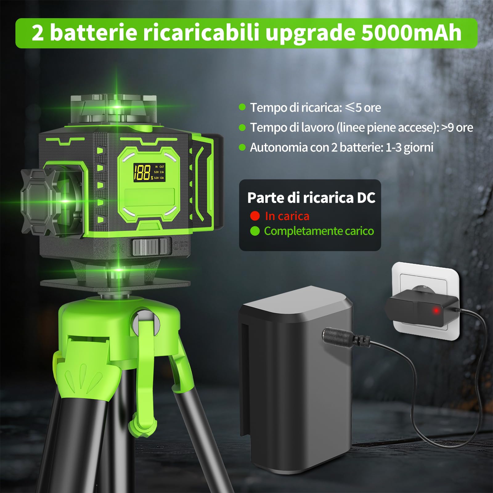 Livello Laser Cantiere Autolivellante 360° x 4 Con Treppiede, Lazer Livelli 4D 16 Linee Laser, Modalità Impulso Esterno, 2 x Batteria, Livellamento Automatico, Supporto Rotante, Telecomando