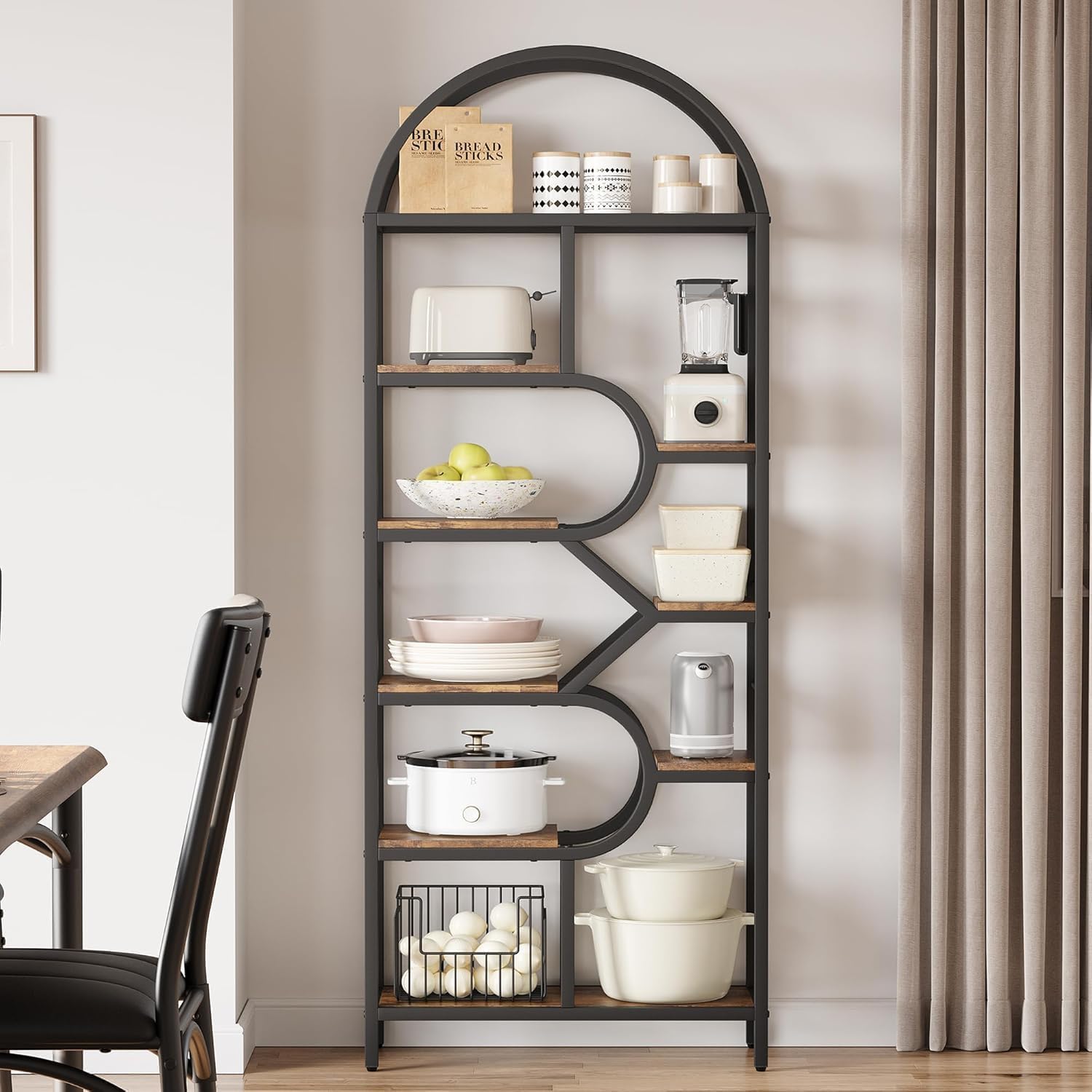Regał z 6 poziomami łukowy design - 208 cm metal/MDF, 16 kg na podłogę - regulowane, otwarte półki do salonu/sypialni/biura (antypoślizgowy, łatwy montaż)