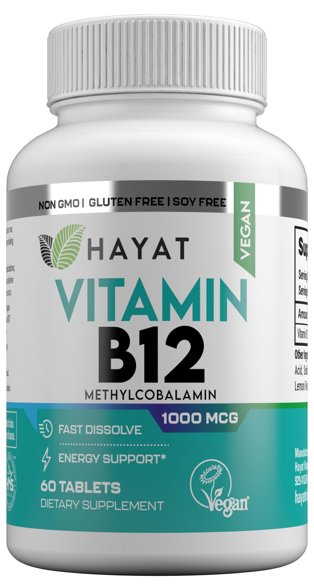 HAYAT Vitamins Vegan Natural Vitamin B12 1000 MCG, Dietary Supplement for Energy Metabolism Support, 2 Month Supply, All Natural, Certified Halal, 60 Tablets, Made in The USA