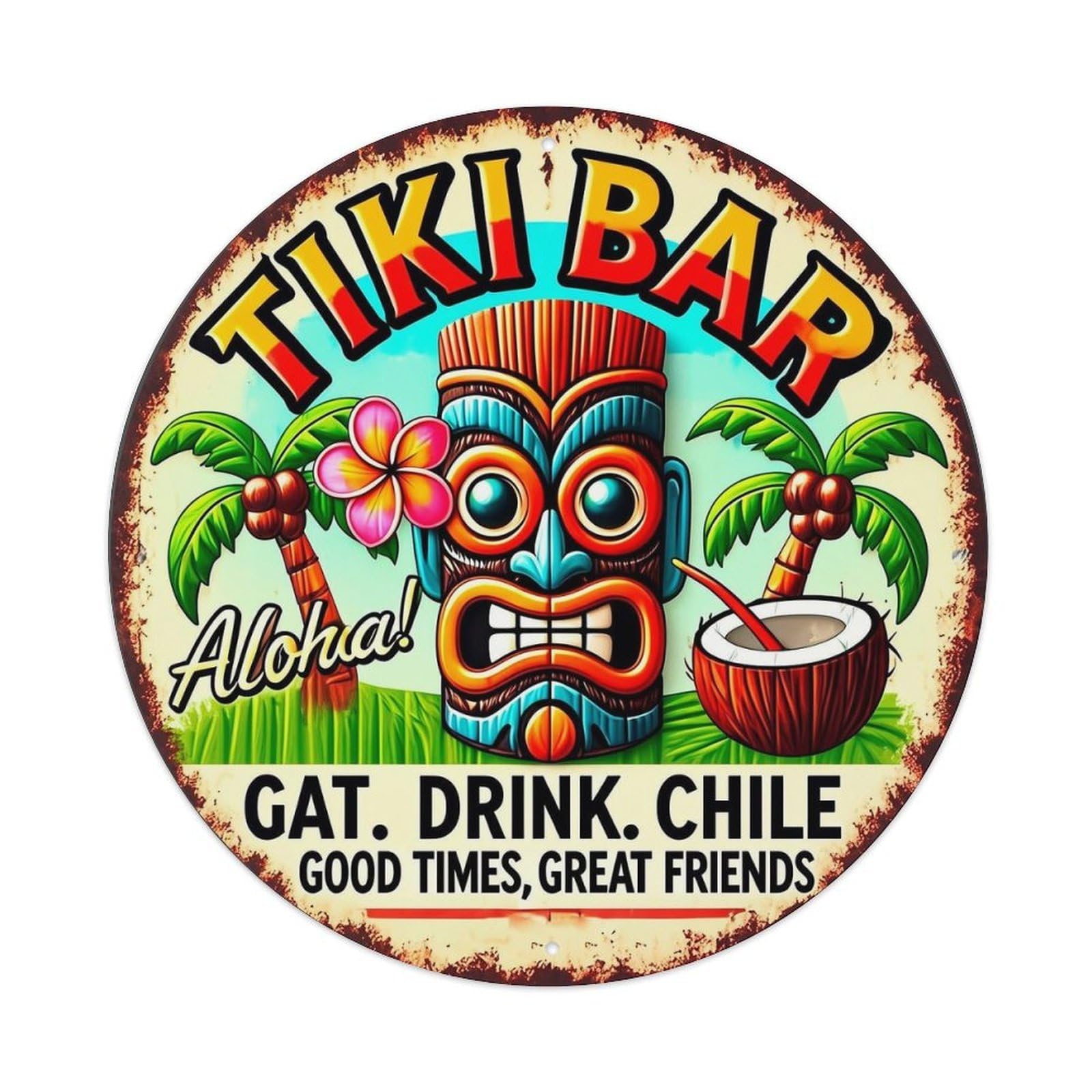 Tiki Bar Tiki Mask Palm Trees Coconut Drink Tin Sign Metal Poster Vintage Metal Signs for Home Man Cave Bar Cafe Kitchen laundry room Wall Decorations Gift 8x8Inch