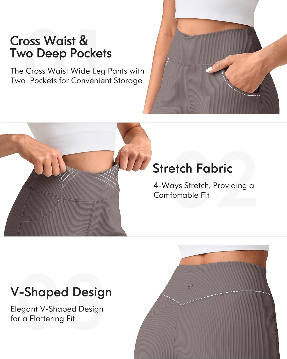 G4Free Ribbed Wide Leg Pants Women Breathable Stretchy Lightweight Cross Waist Yoga Pants with Pockets