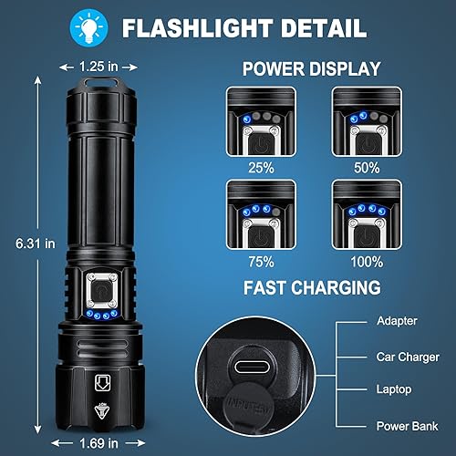 Miniatura 4 de Linternas recargables de alto lúmenes, 99000 lúmenes, linterna súper brillante, paquete de 2, luz LED de alta potencia con 5 modos, linterna de mano