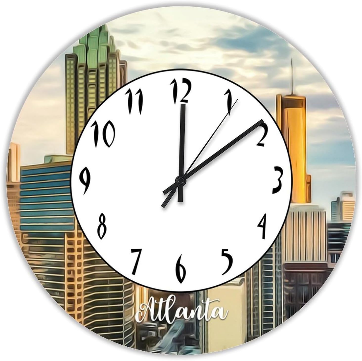 Atlanta Wall Clock Silent Non Ticking Wooden Clocks Atlanta Scenery Cityscape Clock Battery Operated 12in Round Clock, Rustic Clocks Decor for Home Kitchen Office