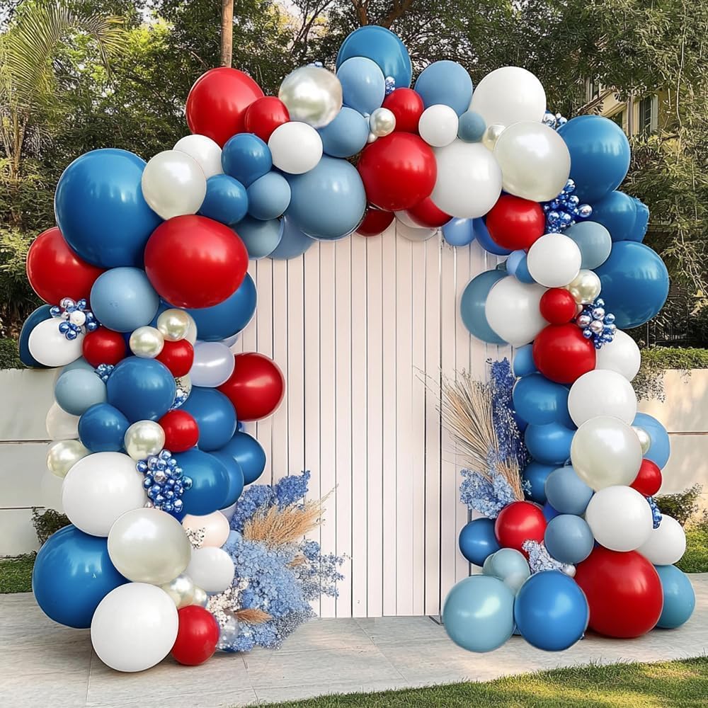 Red Blue White Balloon Garland Double Stuffed Royal Blue Red Balloons Pearl White Sand Pastel Balloon Arch Kit for Birthday Baby Shower 4th of July Patriotic Graduation Party Decorations