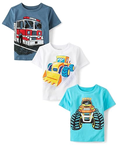 The Children's Place Baby-Boys and Toddler Sports,Cars,Trucks Short Sleeve Graphic T-Shirts,3 Pack - Monster Truck/Tractor/Fire Truck - 3T