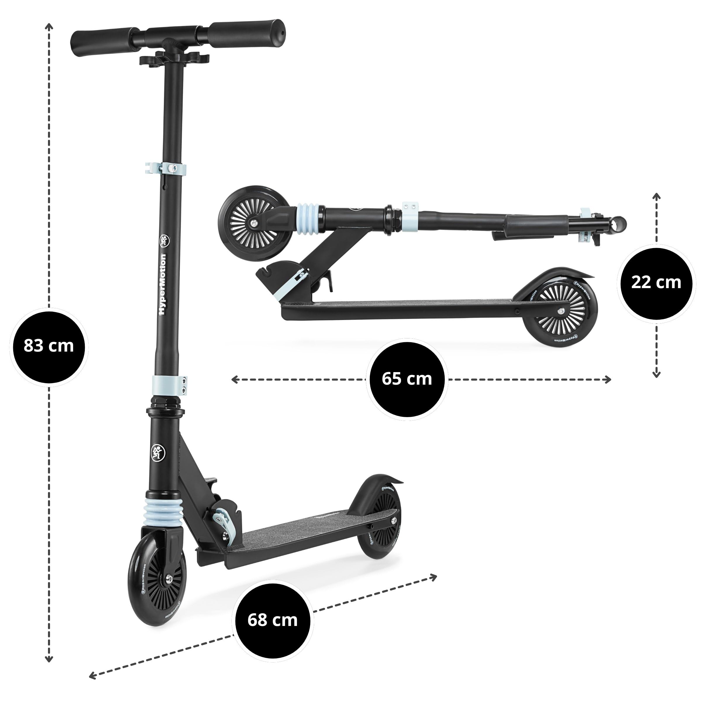 HyperMotion Monopattino Bambini Pieghevole, Modello Wally a Spinta con Ammortizzatore Anteriore, Manubrio Regolabile e Ruote 125 mm, Monopattino 2 Ruote per Bambini 4+ Anni, Nero e Blu