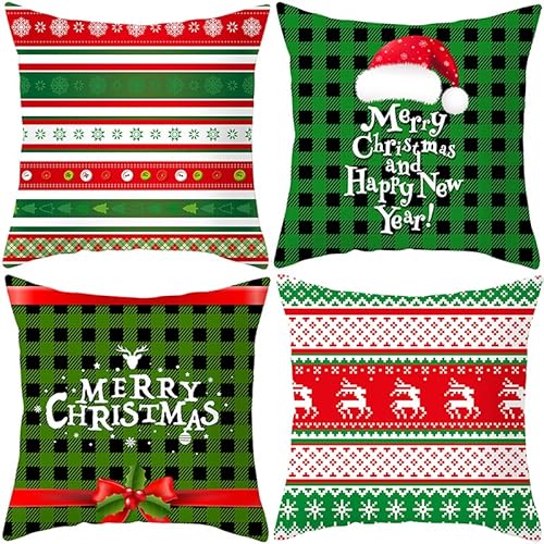 Weihnachten Kissenbezug, KSSKEN 4 Stück Kissenhülle Baumwolle Leinen, Weihnachten Muster Dekokissen Dekorative für Schlafzimmer Sofa 45x45 cm-Weihnachtsmuster2 Cover