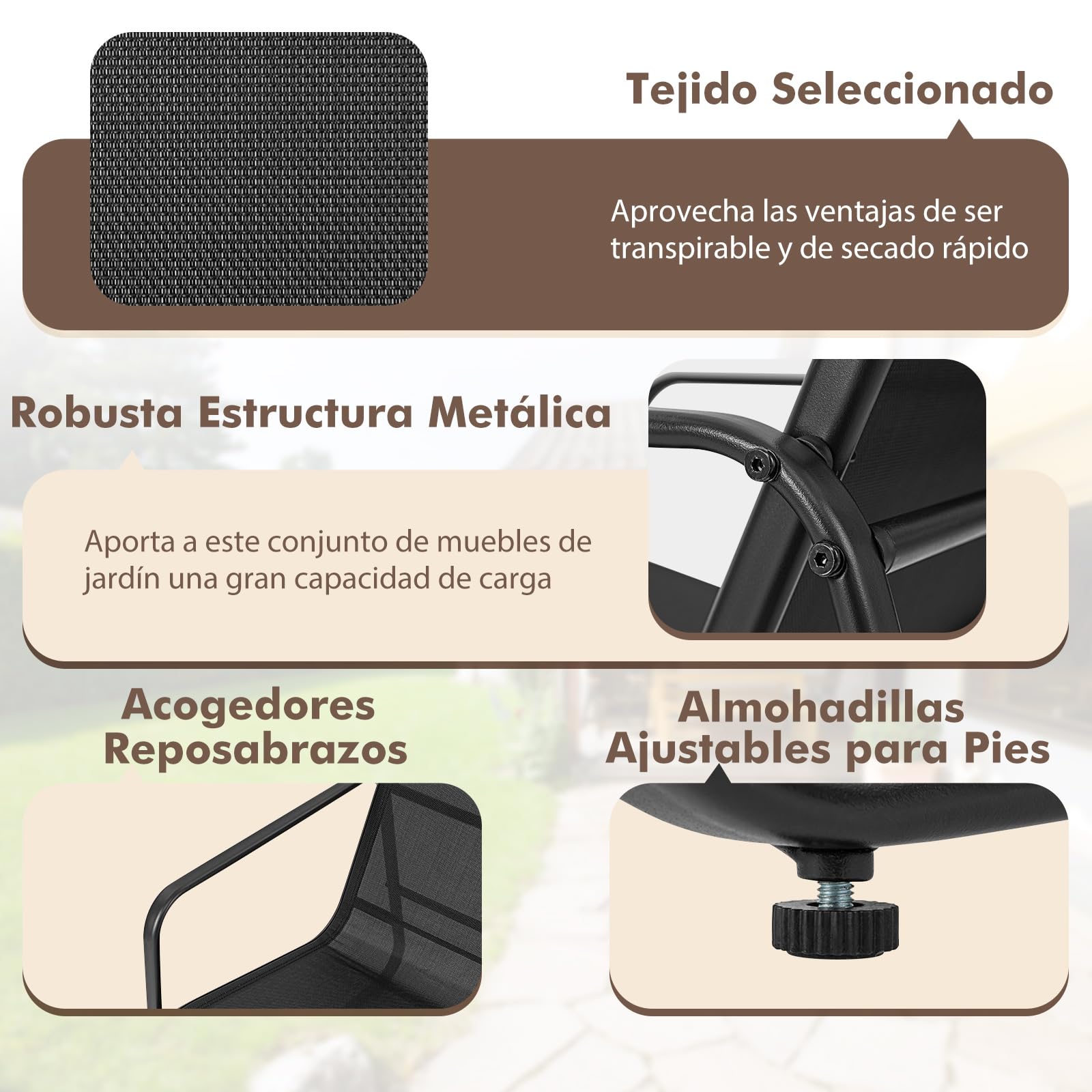 COSTWAY Muebles Jardin Exterior 4 Piezas, 2 Mecedoras y Sofá de 2 Plazas con Mesa con Vidrio Templado, Mesa y Sillas Terraza, Tela Transpirable, Conjunto Jardin Exterior Balcon (Negro)