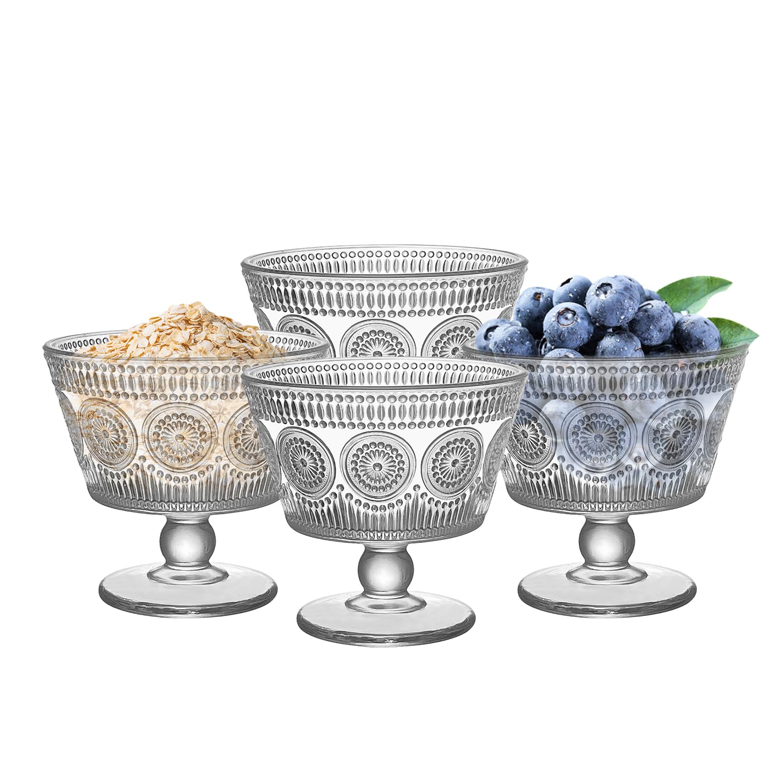 Vintage Glass Dessert Bowls, Set of 4, 9oz Glass Ice Cream Sundae Cups with Sunflower Pattern Glass Dessert Cups, Ideal for Ice Cream, Sorbet, Fruit, Snacks, Yogurt, and Appetizers (4)