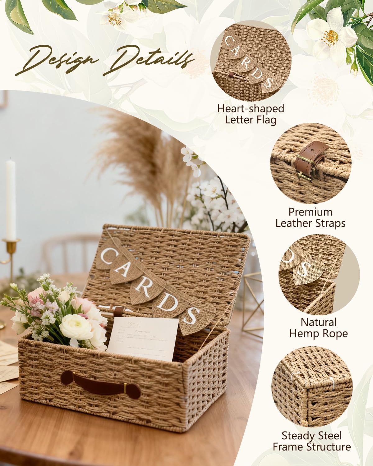 Large Card Box for Wedding 14.2" Seagrass Card Basket with Letter Flag, Decorative Wicker Gift Card Boxes for Graduation Party 2026 Wedding Card Box for Reception Baby Shower Bridal Showers