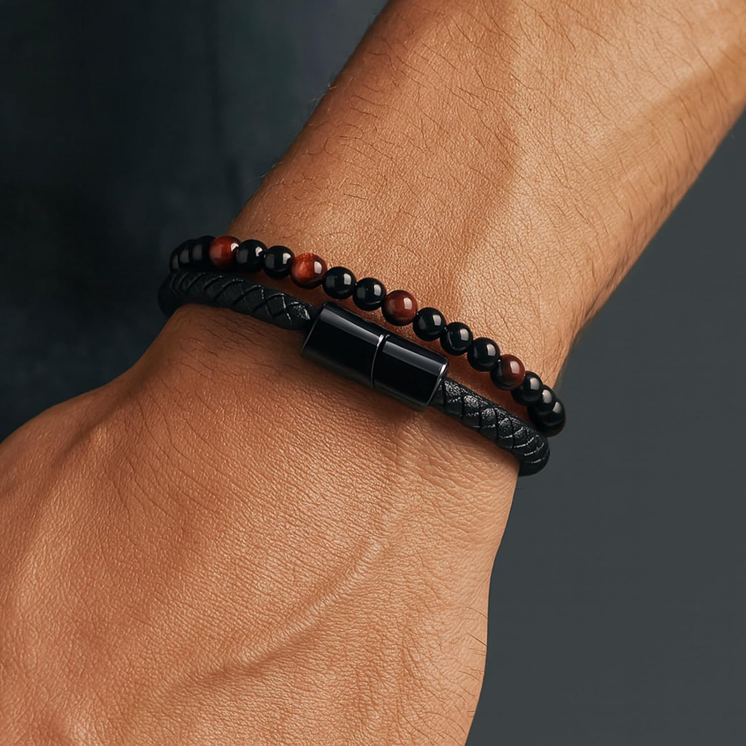 Men's Braided Leather Bracelet, 8.3inch Black Braided Leather Stainless Steel Bracelets, Tiger Eye Natural Stone Lava Rock Beads Bracelets Gift for Men - Image 5