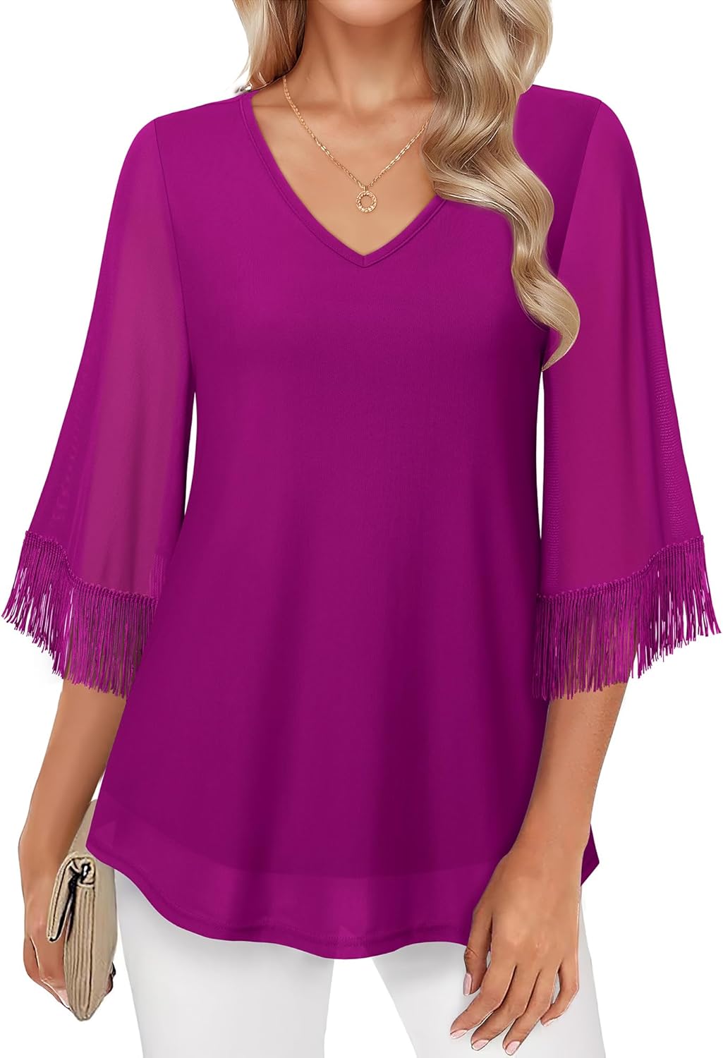 Lotusmile Womens Tops Dressy Casual Elegant Tassel 3/4 Sleeve Blouse Mesh Double Layers Fancy Shirts Rose Red Medium