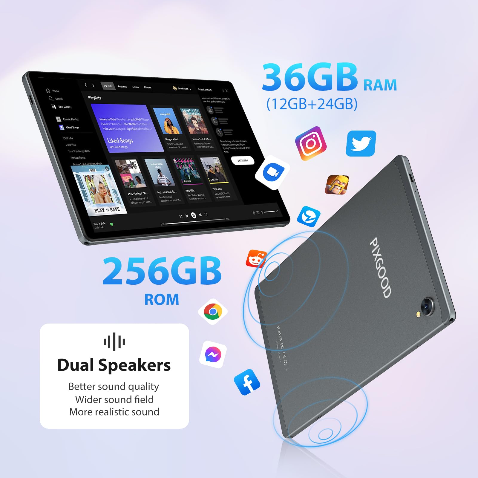 PIXGOOD 2K Tablet 10,4 Pollici, Android 15, 36GB RAM+256GB ROM (2TB TF), Octa-Core, INCELL 2000 * 1200, 8000mAh, 5GWiFi, 13MP+8MP, GPS, Tablet in offerta con tastiera ect(Grigio)