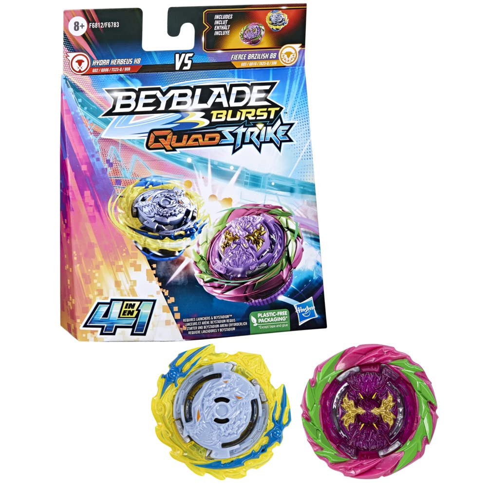 Beyblade Burst QuadStrike Dual Pack, Pack de 2 toupies de compétition Fierce Bazilisk B8 et Hydra Kerbeus K8