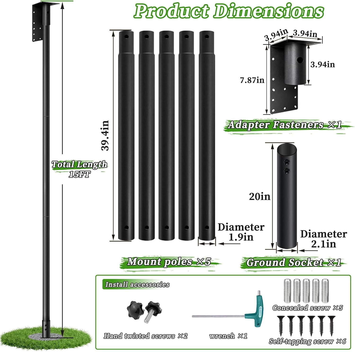 15ft Bat House Pole, 1.9in Diameter Heavy-Duty Galvanized Steel Outdoor Purple Martin Bird House Pole with Ground Socket, Including Bat House Installation Bracket, Black