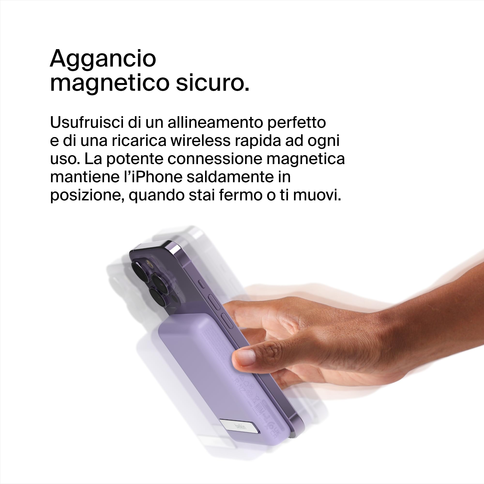 Belkin Batteria esterna wireless magnetica da 5000 mAh, caricabatteria portatile con MagSafe, ricarica passante, uscita da 7,5 W, ingresso da 10 W, supporto estraibile, iPhone 17/16/15/14/13, Viola