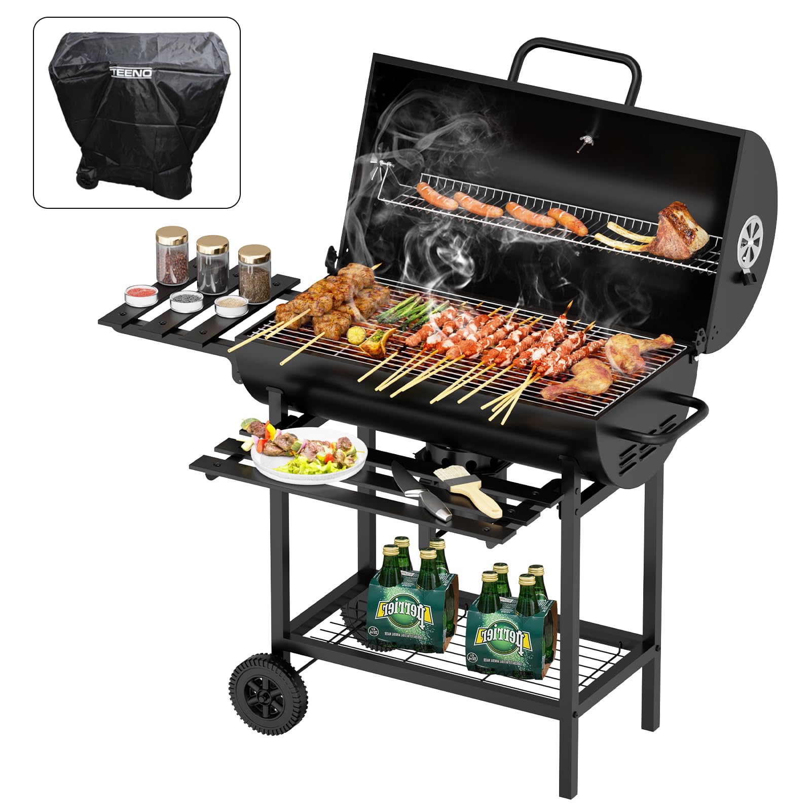 TEENO Grand Barbecue Charbon de Bois XXL,Thermomètre | Tiroir à Cendres,Gants anti-brûlures, Évent Réglable,Grand Barbecue au Charbon de Bois (Avec couvercle en tissu)