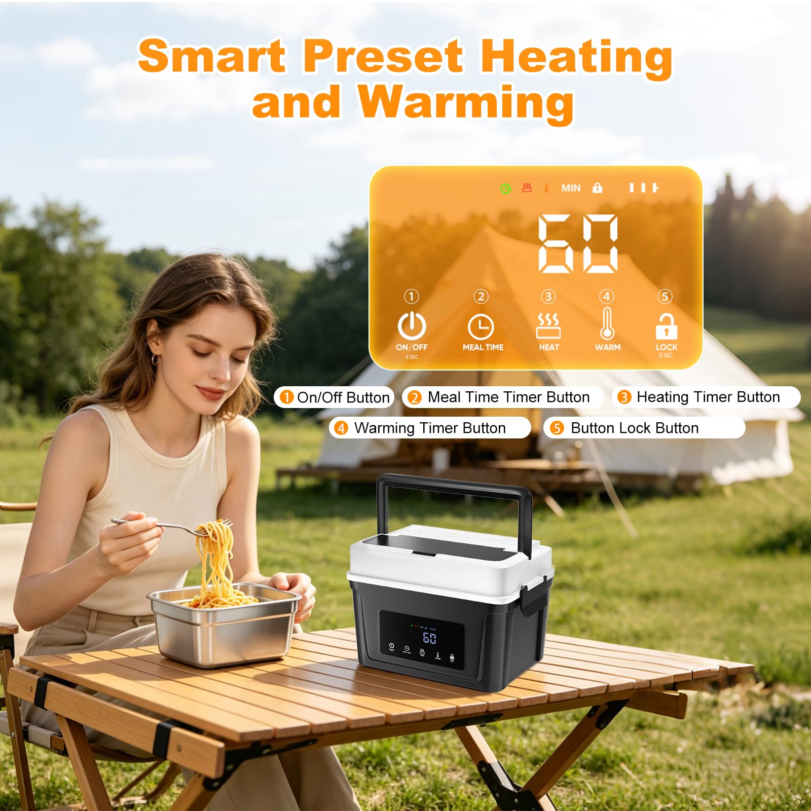 Fiambrera eléctrica de 1,5 L, inalámbrica, calefactable, de acero inoxidable, calentador de alimentos, con bolsa de transporte aislada, cuchara y tenedor para el trabajo, viajes, oficina