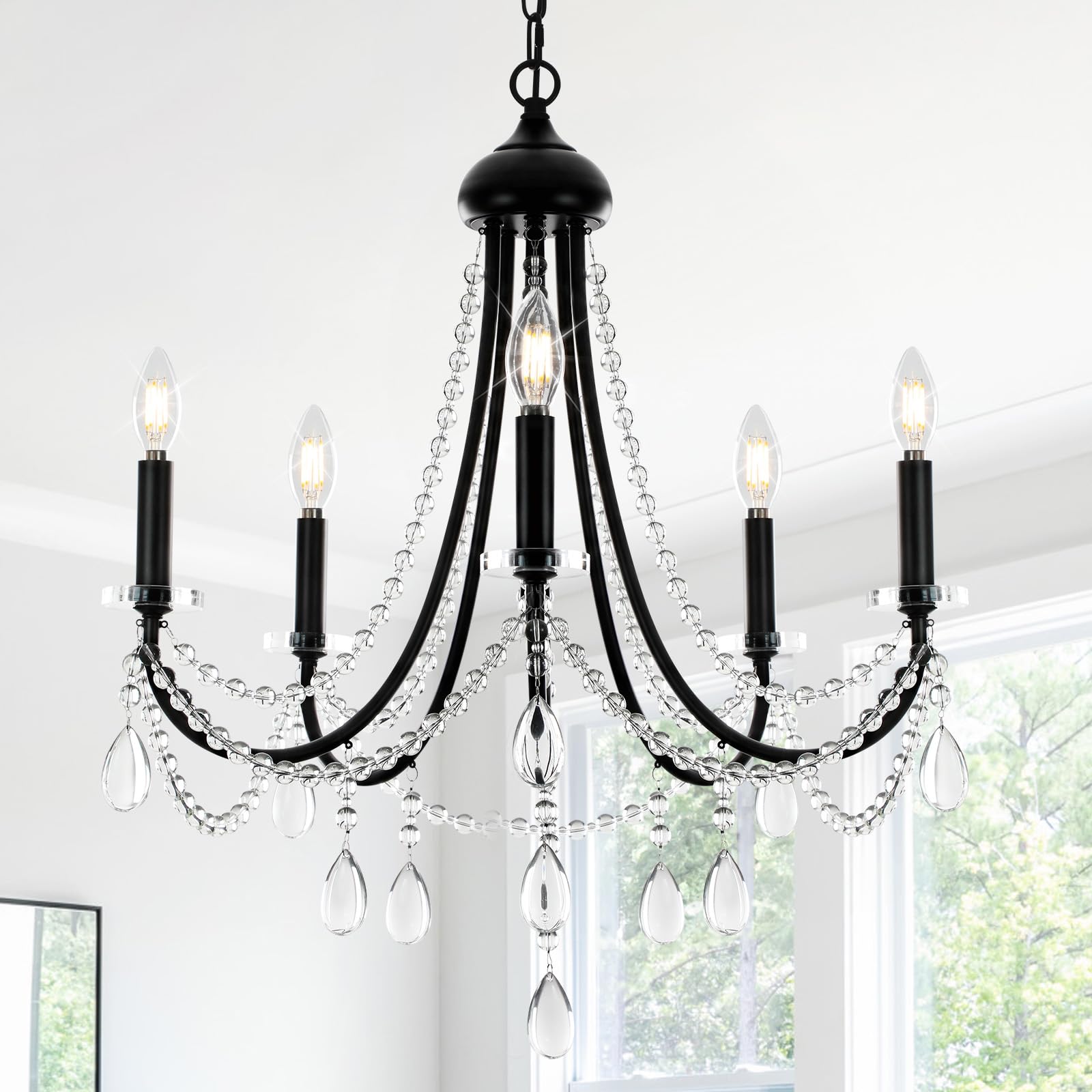 Senyshilon Black Crystal Chandeliers for Dining Room Light Fixtures Over Table, Farmhouse 5 Lights Rustic Candle Chandelier for Living Room Kitchen Island Bedroom Entryway