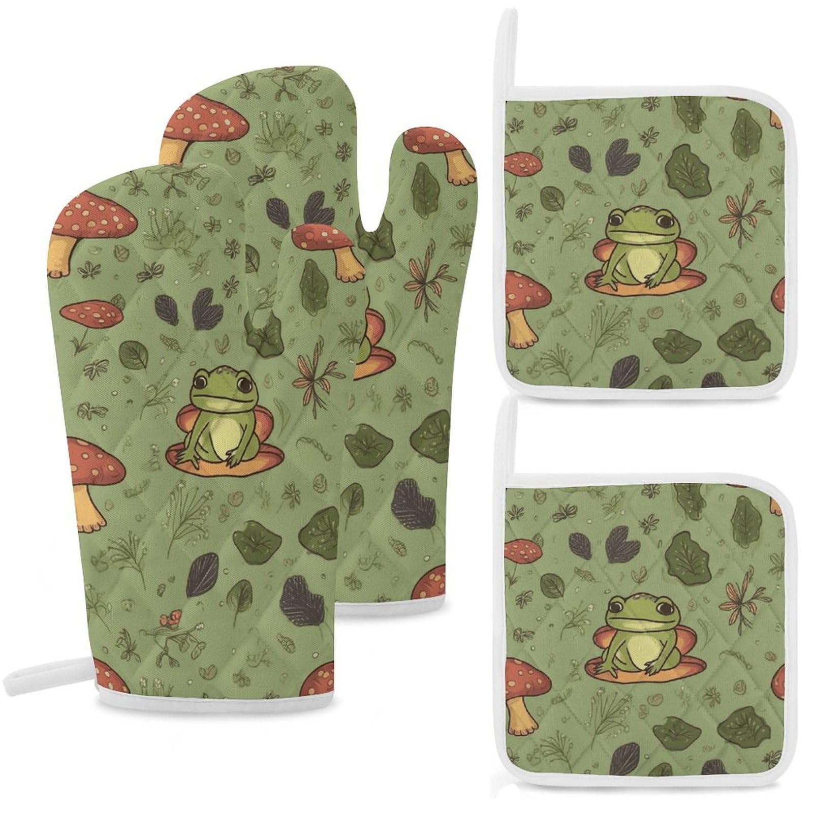 Frogs and Mushrooms Oven Mitts and Pot Holders Sets Heat Resistant Oven Glove with Hanging Loop for Baking Cooking BBQ Thicken Potholders for Kitchen