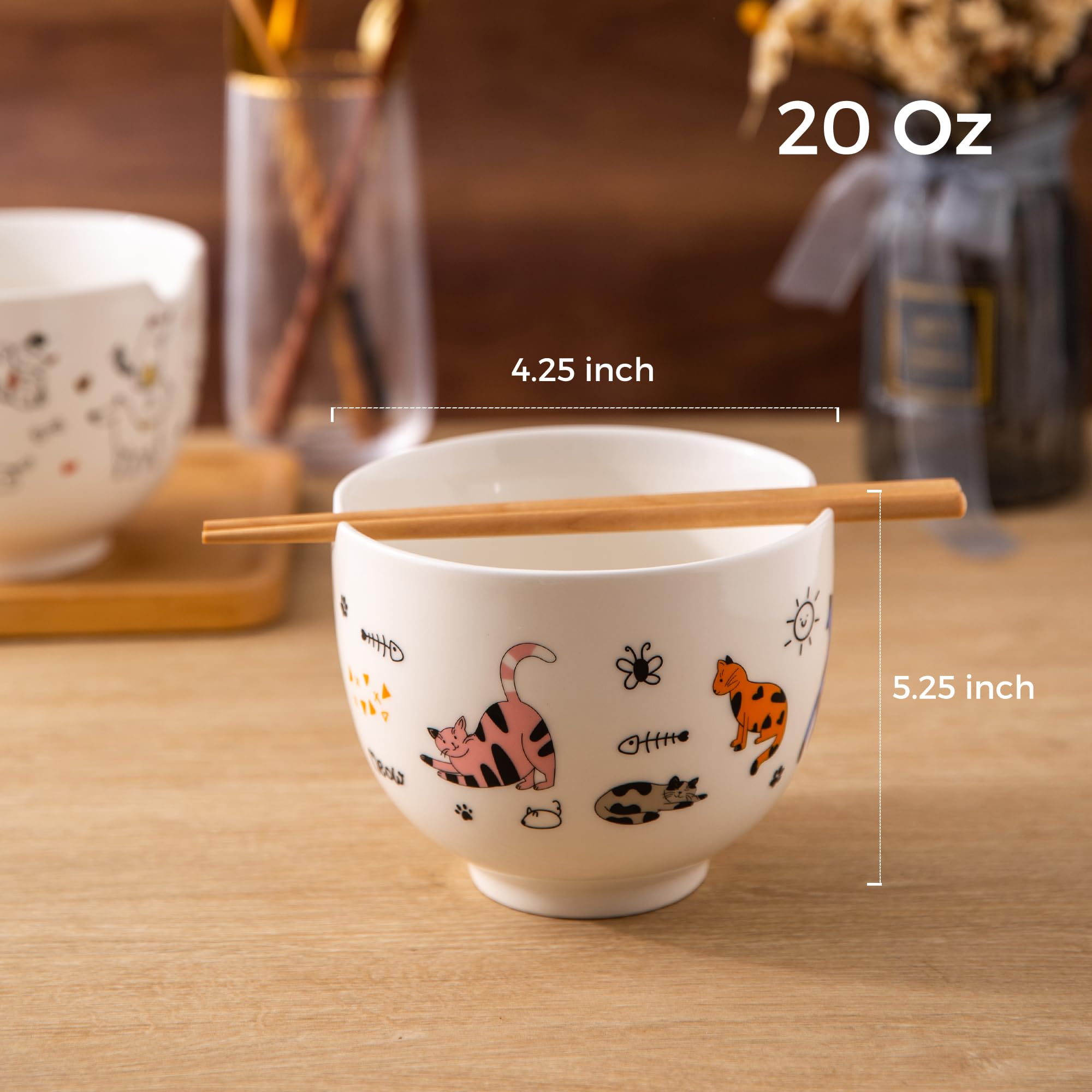 GBHOME Ceramic Ramen Bowls with Chopsticks, 20 ounce Japanese Cute Cats Ramen Bowls Set for Ramen,Soup,Noodles, House-warming Wedding Birthday Gift, Microwave & Dishwasher Safe, 2Pcs