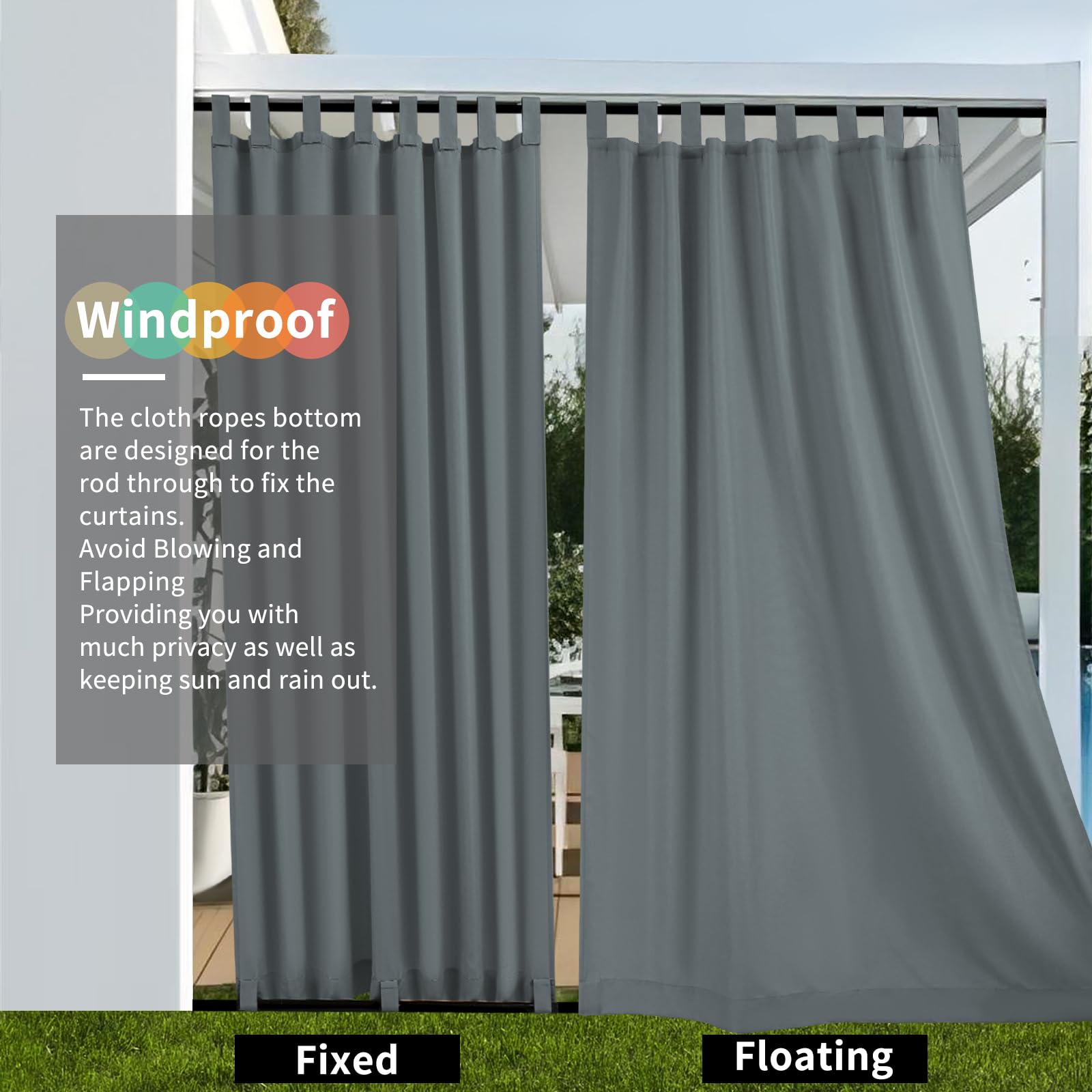 2 Stücke Outdoor Vorhang Wetterfest mit Klett-Schlaufen, Outdoorvorhänge Balkon Vorhang Terrasse Vorhänge Gardinen Sonnenschutz & Sichtschutz Vorhänge mit Schlaufen Unten, H260 x B155 cm, Dunkelgrau
