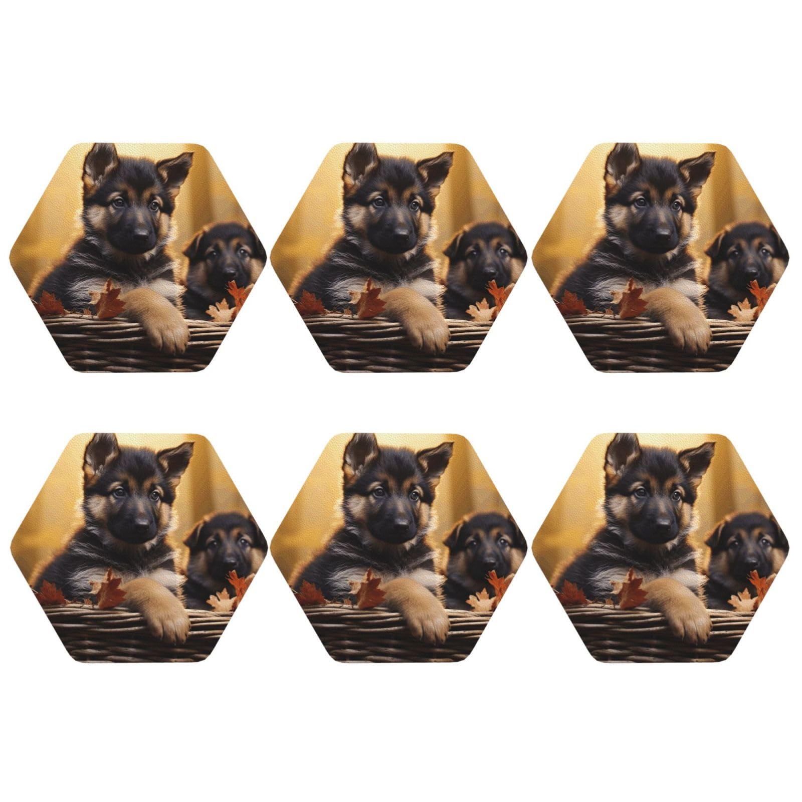 6Pcs PU Leather Coaster for Drinks, Little German Shepherd Dog Cup Coastersr 4" Cup Mat Pad, Aesthetic Drink Coasters for Coffee Table, Hexagon Coaster for Tabletop Protection
