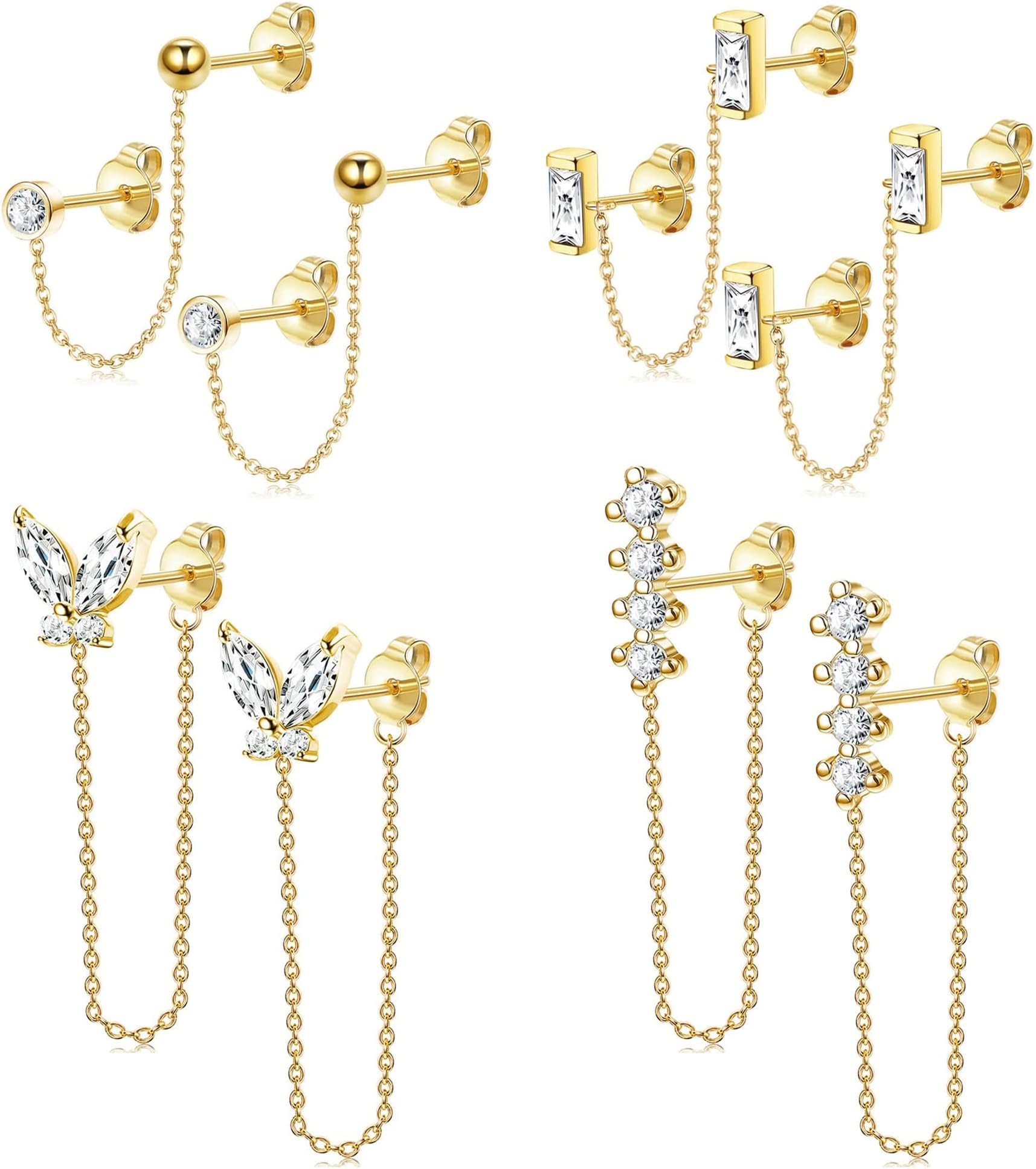CASSIECA4 Pairs Chain Stud Earrings Round Square CZ Butterfly Chain Drop Earring Set for Women Stud Earring with Dangle Chain for Double Hole Piercings Gold Plated