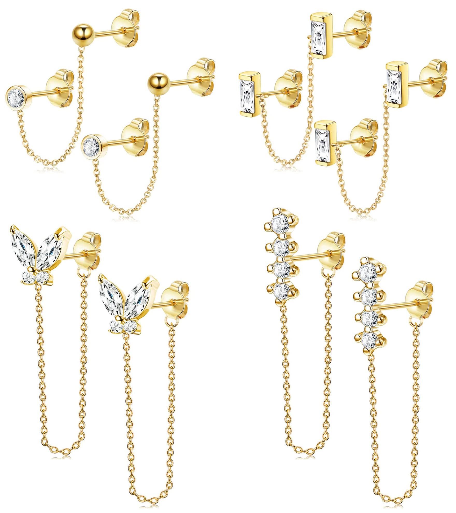 CASSIECA4 Pairs Chain Stud Earrings Round Square CZ Butterfly Chain Drop Earring Set for Women Stud Earring with Dangle Chain for Double Hole Piercings Gold Plated