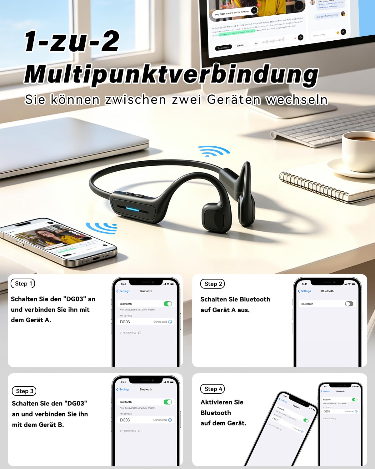 SANOTO Knochenschall Kopfhörer, 26,5g Ultraleicht, LED Licht