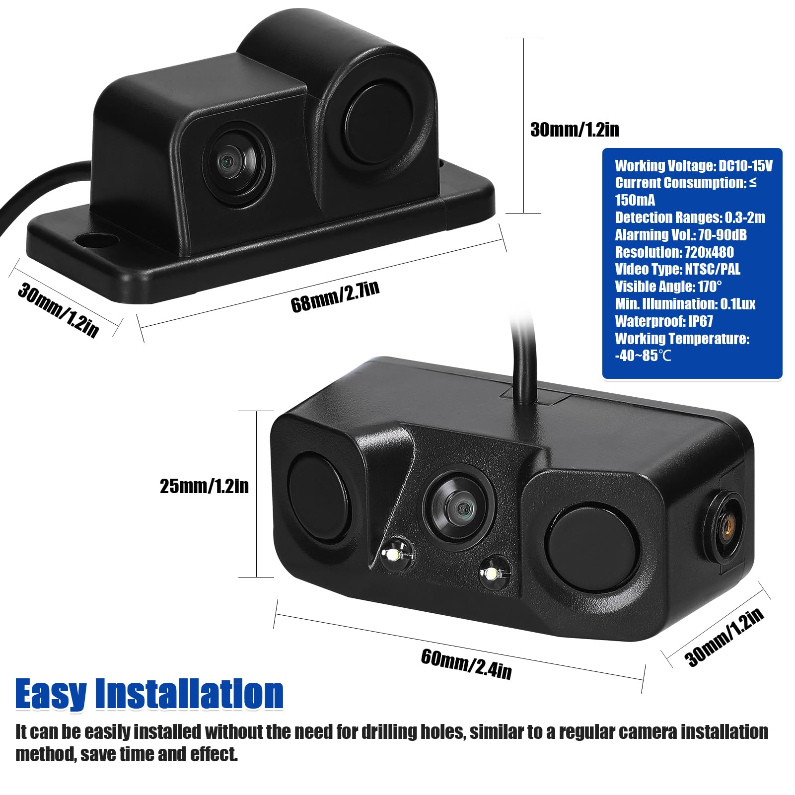 Shkalacar Telecamera Radar per Retromarcia visiva, 3 in 1 Telecamera per Retromarcia Impermeabile Videocamera per Retromarcia per Auto con 2 Radar Che Rilevano Sensori e Cicalino