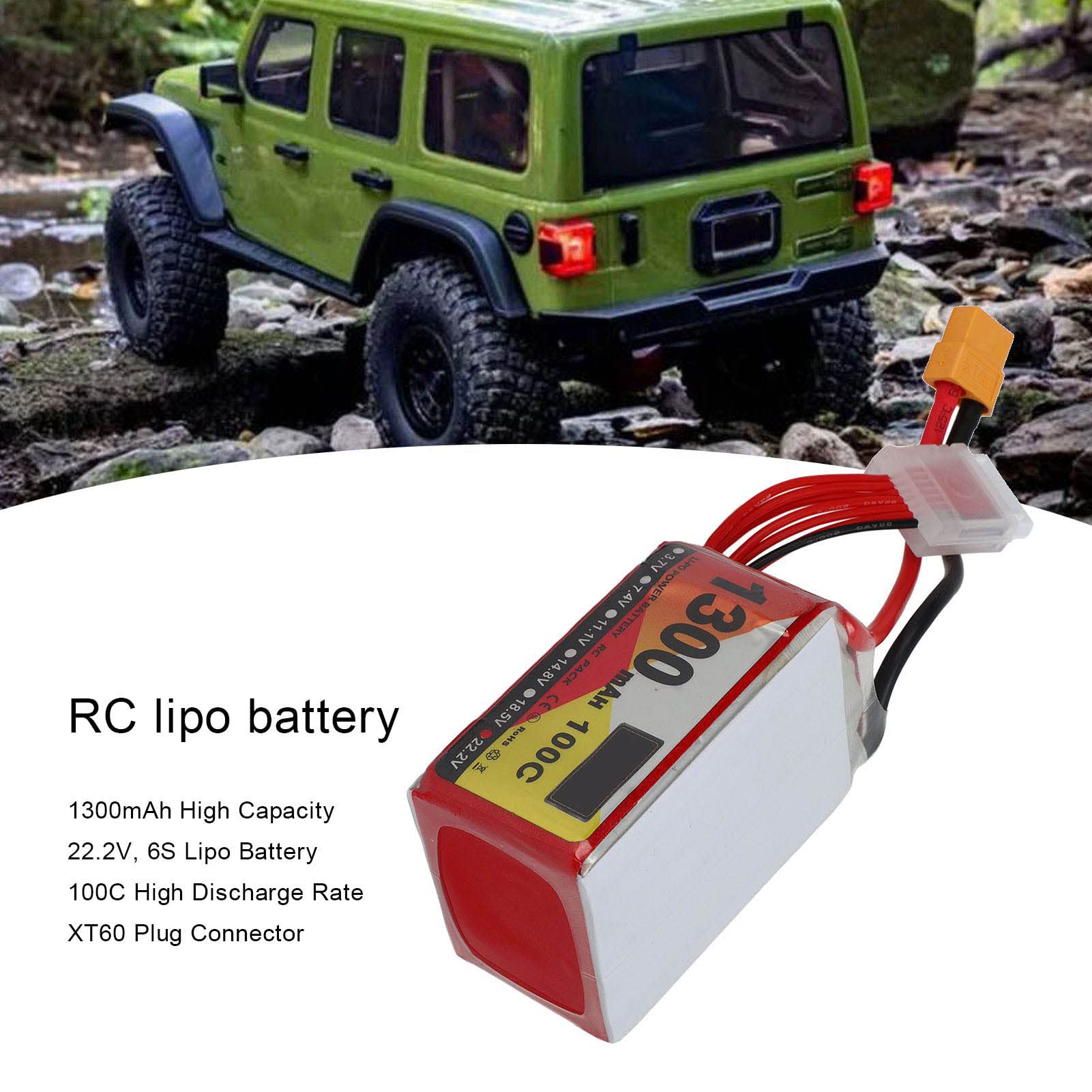 Batteria RC Lipo 22.2V 100C 1300mAh 6S Potente Batteria Al Litio per Quadricottero da Corsa FPV, Spina XT60