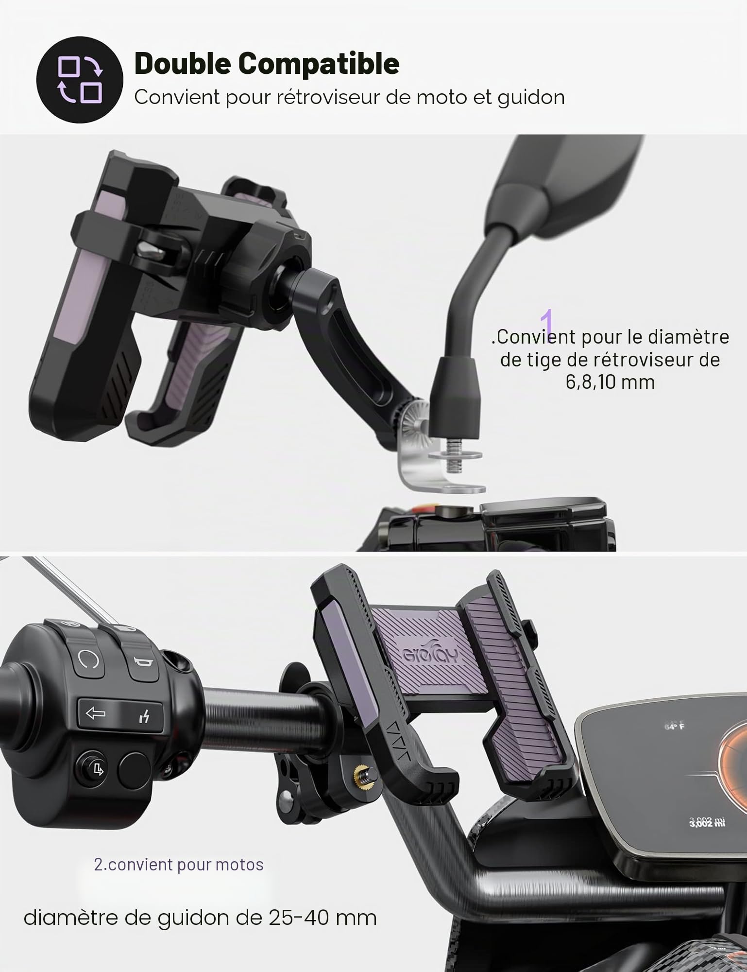 Grefay Support Téléphone Moto Support de Guidon pour Téléphone de Moto Rétroviseur【2 Méthodes de Connexion + Démontage Rapide 1S】 avec Rotation à 360 pour Smartphone de 4,0 à 7,0 Pouces
