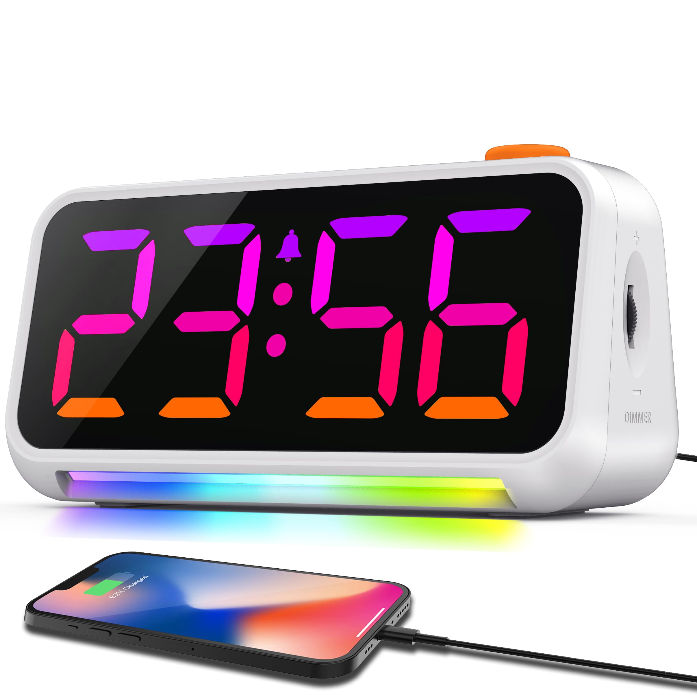 PERSUPERSuper Loud Alarm Clock for Bedroom, 8 RGB Color Changing, 7 Color Night Light, Snooze, 3 Alarm Types, with USB Charger Port and dimmer, LED Digital Clock for Kids, Teens, Heavy Sleepers