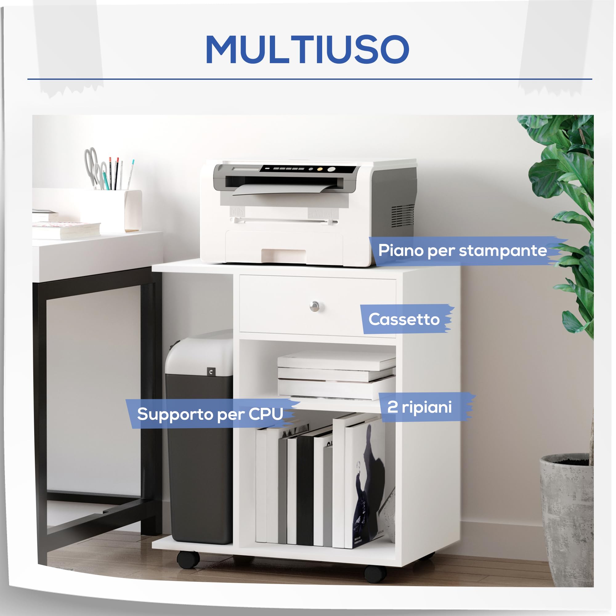 Carrello Stampante 4 Livelli ARBUXZUY - Mobile Con Ruote 53x40x112cm Bianco