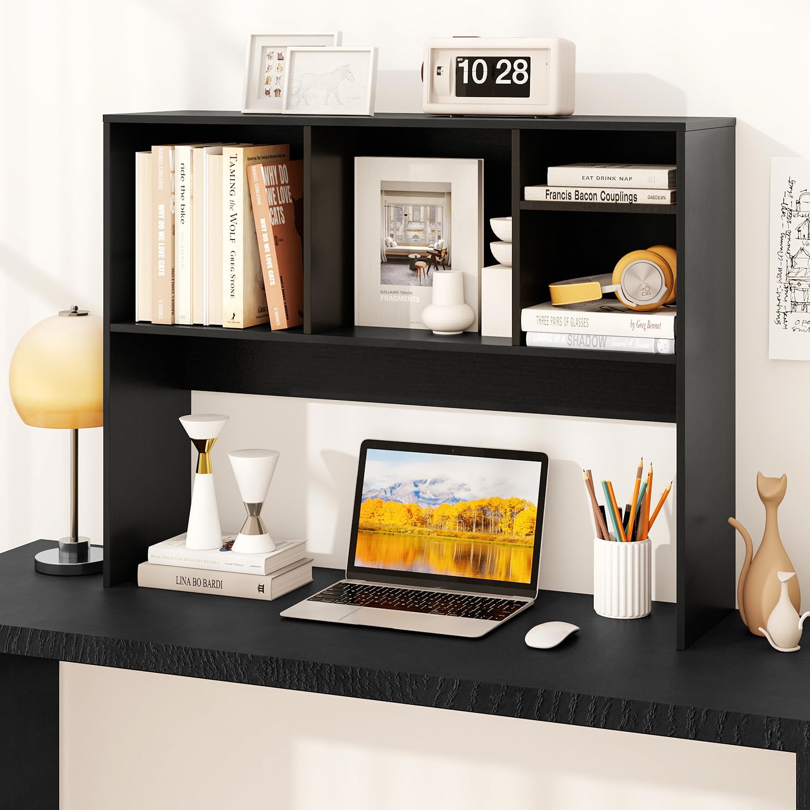 GIANTEX Scaffale da scrivania con 4 scomparti aperti, scaffale da tavolo con dispositivo di protezione ribaltabile e cuscinetti antiscivolo, in legno, 94 x 25 x 73 cm (nero)