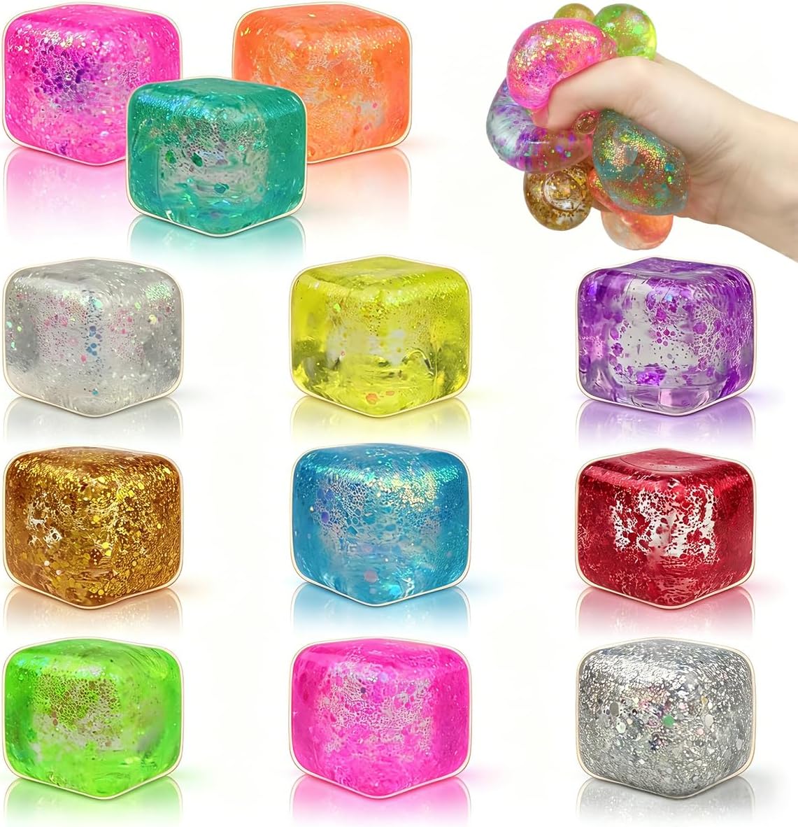 Jofan 12 Pack Squishy Stress Cube Glitter Squeeze Toy Stress Balls Sensory Fidget Toys for Adults Kids Stress Relief Party Favors Birthday Gifts
