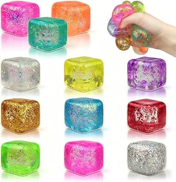 Jofan 12 Pack Squishy Stress Cube Glitter Squeeze Toy Stress Balls Sensory Fidget Toys for Adults Kids Stress Relief Party Favors Birthday Gifts