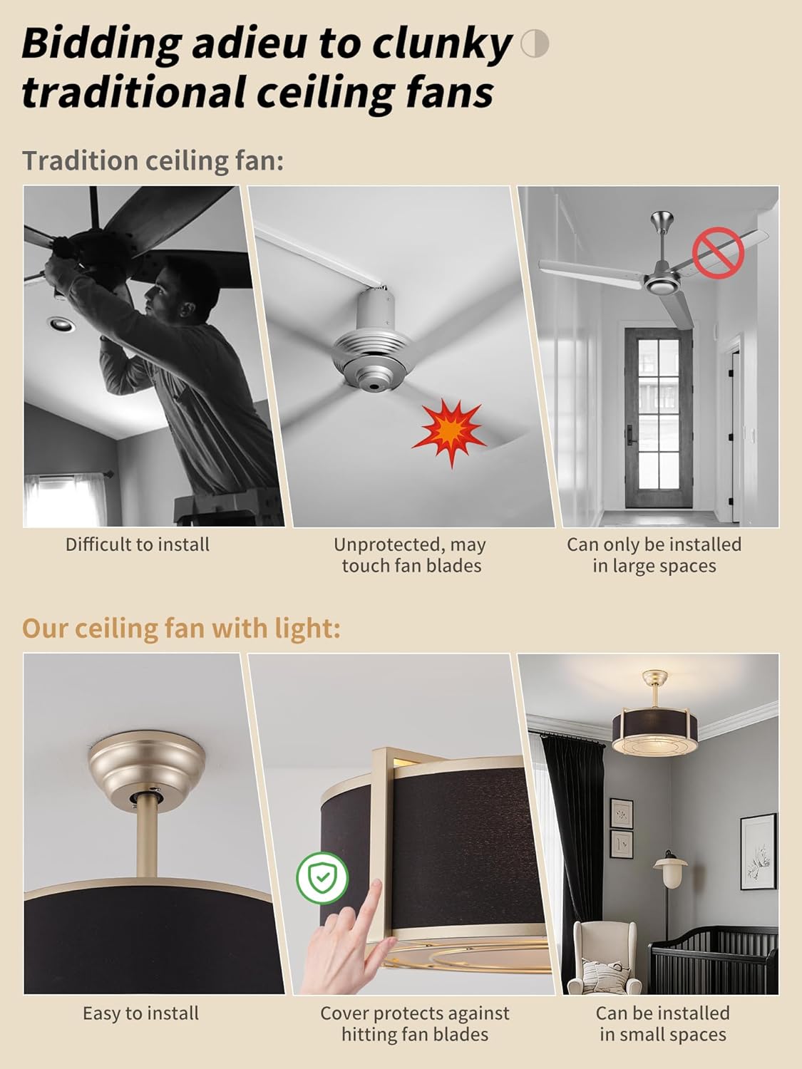 SYDACG 20" Caged Ceiling Fans with Lights, Black and Gold Fandelier Ceiling Fan with Light, Farmhouse Rustic Chandelier Fan Remote Control, 6 Speeds for Bedroom, Nursery, Living Room