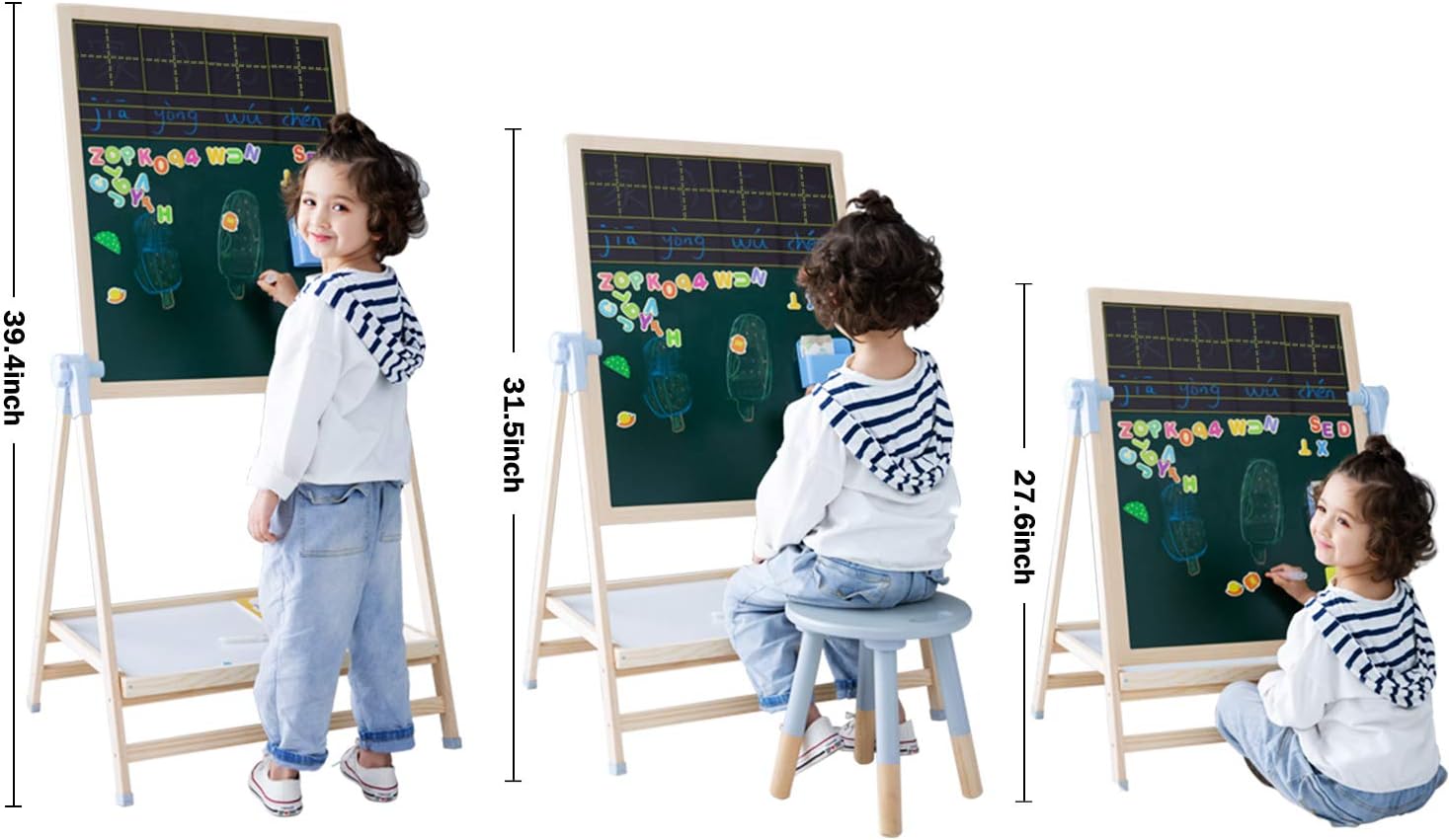 QZMTOY Kids Art Easel, Deluxe Standing Easel Set, Adjustable Art Table, Dry Erase Board&Chalkboard Double Sided Stand, 360°Rotating Drawing Easels with Art Supplies, Adjust Height 28-39in Medium