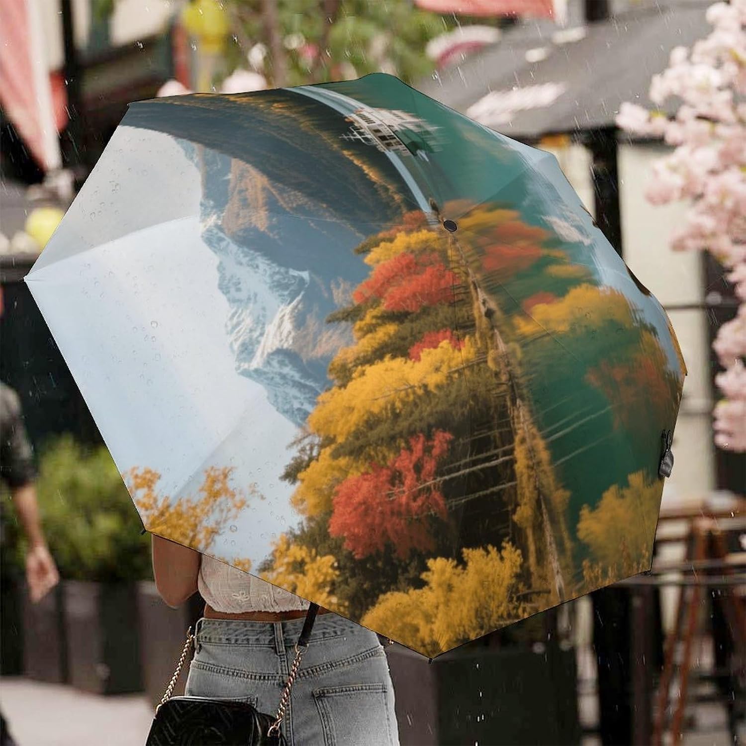 Autumn Scenery of Kanas Lake Automatic Golf Umbrella Folding Umbrella | Windproof Travel Umbrella Portable Compact Umbrella with Storage Pouch for Golf Backpack Men Women