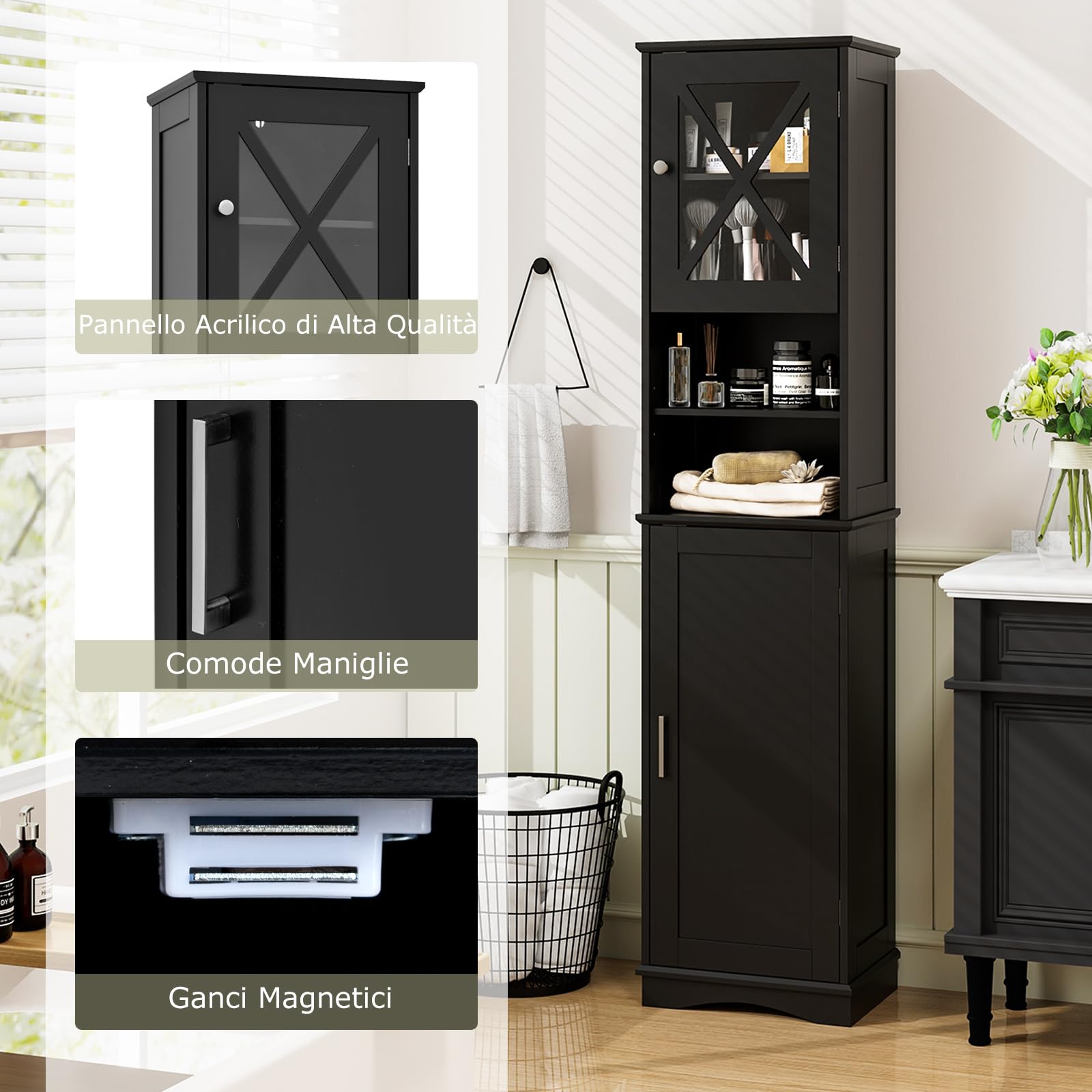 COSTWAY Mobile Bagno 40 x 30 x 170,5cm, Armadietto a Colonna Stretto e Alto con 5 Ripiani Regolabili e 2 Porte, Armadio da Terra in Legno per Soggiorno, Camera da Letto, Salotto e Cucina (Nero)