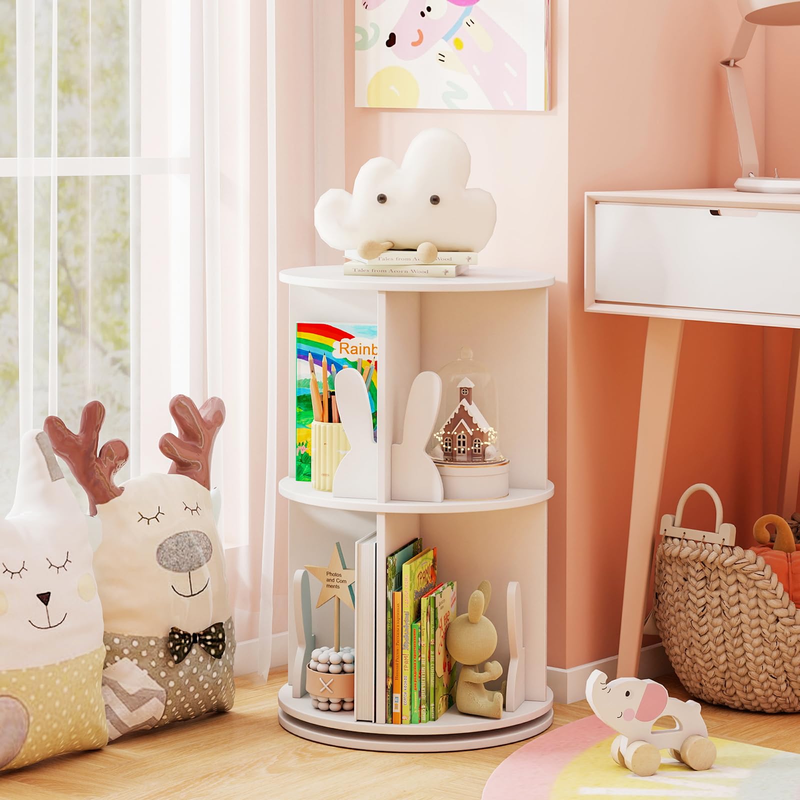 COSTWAY Bibliothèque Enfant Rotative à 360°à 2 Niveaux avec 8 Compartiments Ouverts, Étagère à Livres avec Cloisons en Forme Lapin, Patins Antidérapants pour Chambre d'enfant Salon (Blanc)