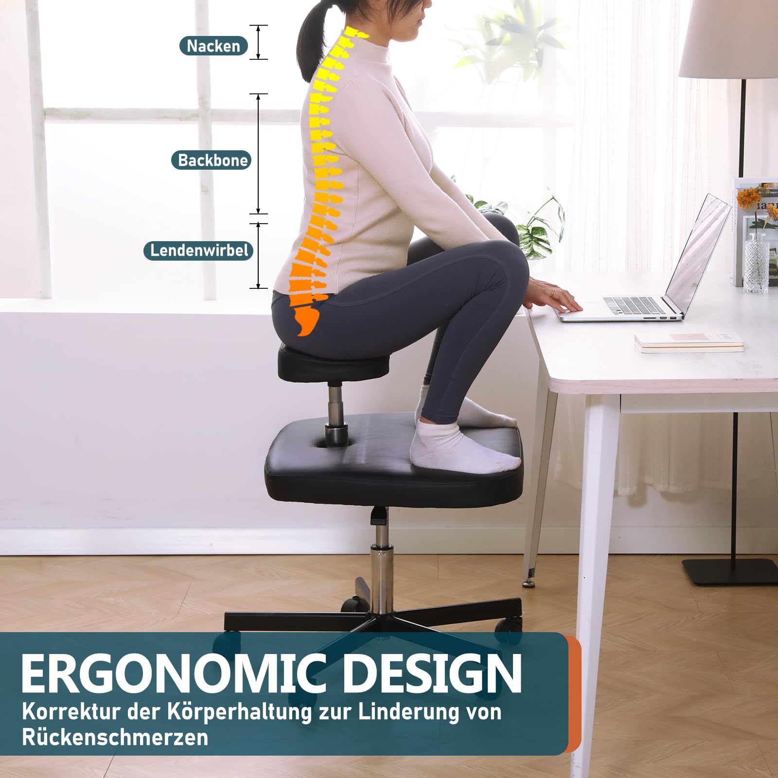 Ergonomischer Meditationsstuhl, ADHS-Stuhl mit Lendenwirbelstütze und Rädern, höhenverstellbar, Bürostuhl mit gekreuzten Beinen und Beinauflage, Criss Cross Chair (weiß)