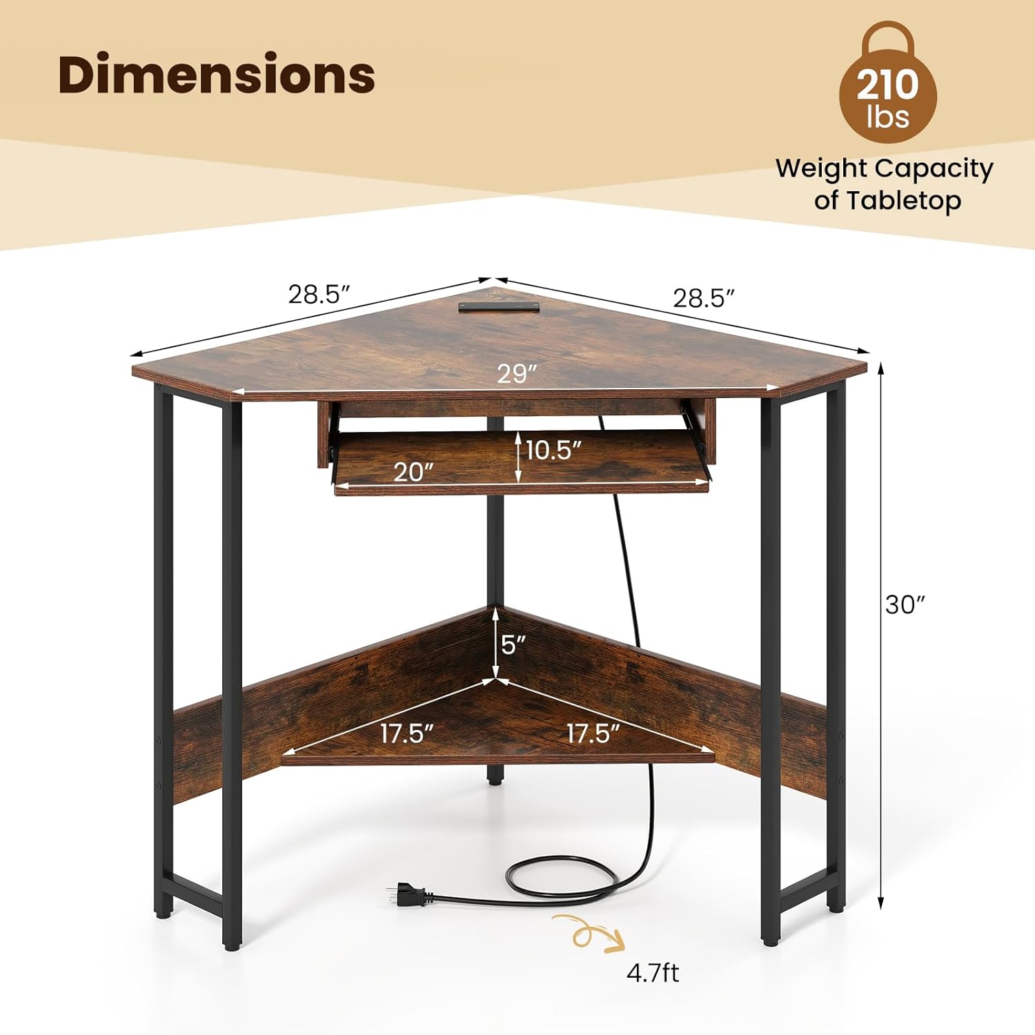 GOFLAME Corner Desk, Triangle Computer Desk with Keyboard Tray & Storage Shelf, Home Office Desk with Built-in Power Outlet, Industrial Writing Desk, Heavy-duty Space-saving PC Laptop Desk Workstation