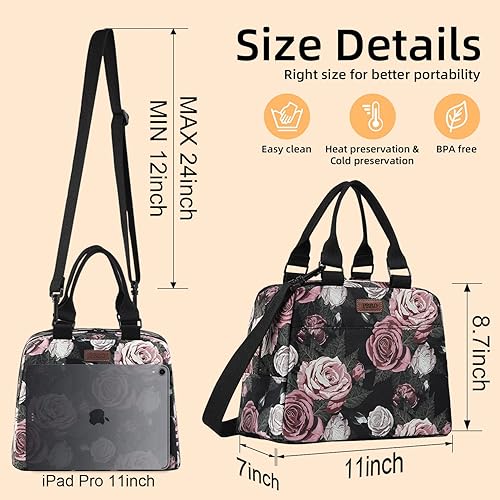 Miniatura 2 de PBRO Lonchera térmica para mujer, bolsa de almuerzo grande reutilizable con cinturón de hombro ajustable, bonita lonchera portátil con estampado