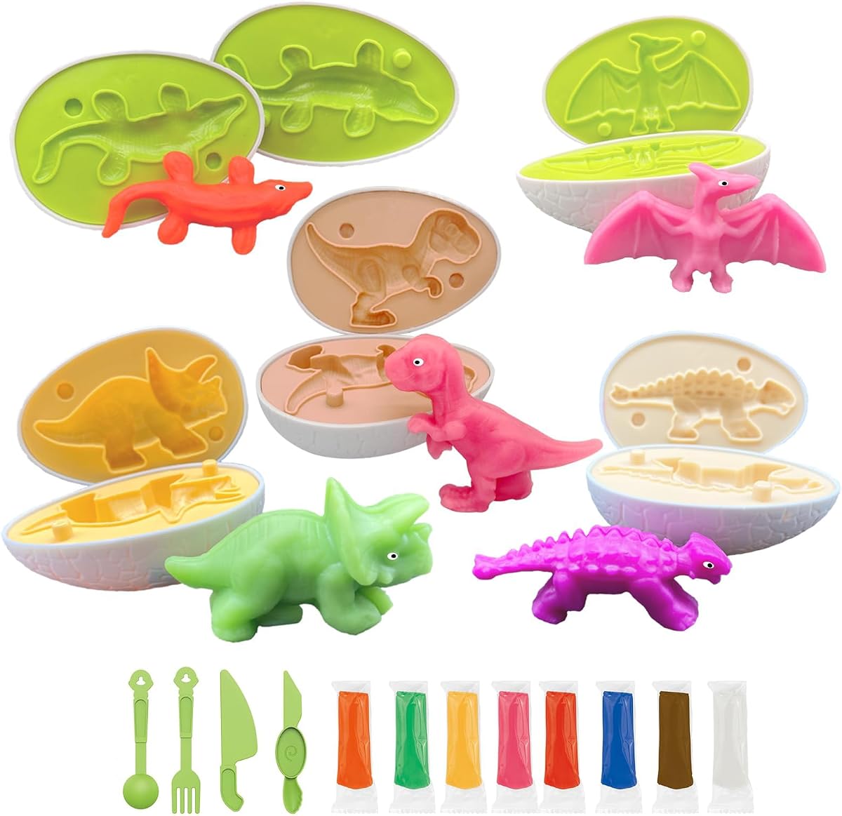 Yositochuan Dinosaur Eggs Dough Play Set, Dino Clay Molds for Kids Ages 3-8, Non-Toxic Clay, Dinosaur Egg Molds, Fine Motor Educational Sensory Craft Toy, Easter Birthday for Boys Girls