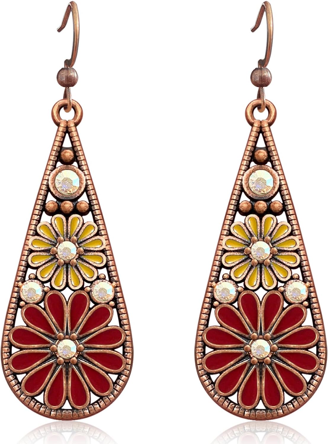 Handmade Bohemian Tribal Retro Copper Crystal Teardrop Dangle Drop Earrings National Style Geometry Colorful Enamel Flower Hook Earrings for Women