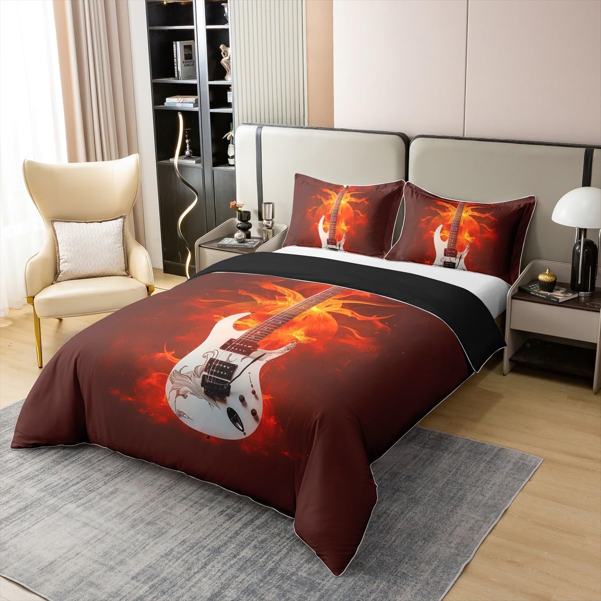 Set di biancheria da letto in 100% cotone con motivo chitarra elettrica 3D, per ragazzi e ragazzi, motivo musica hip hop, in morbida microfibra, decorazione per camera da letto