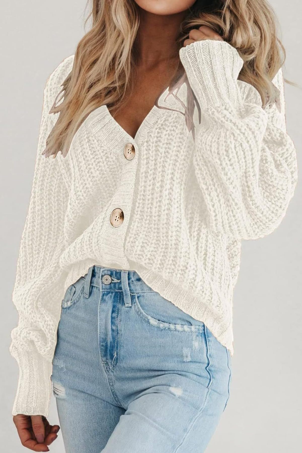 Knit Button Cardigan Womens Loose Short Length Chunky Cozy Layer for Autumn and Winter Office and Casual Looks — view 4